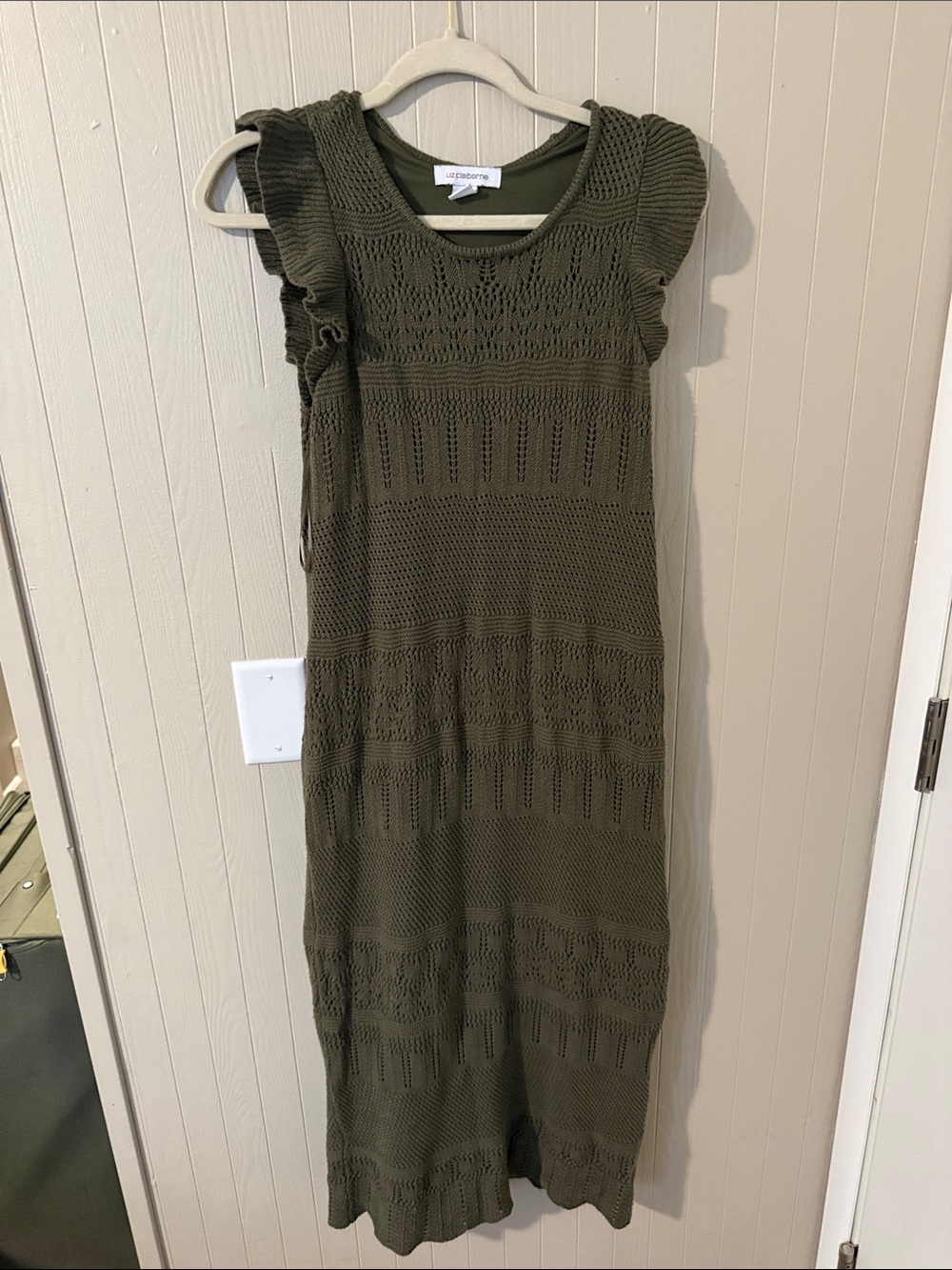 Liz Claiborne Olive Green Openwork Knit Midi Dress